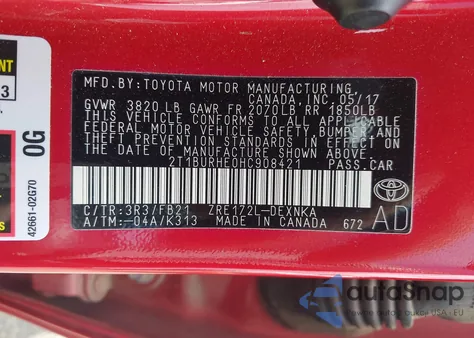 2017 Toyota Corolla Le z USA, uszkodzony, nr VIN 2T1BURHE0HC908421